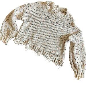 Adora Sweater SZ Med Distressed Rag Multicolor Pom Pom's Oversized Crop Chunky
